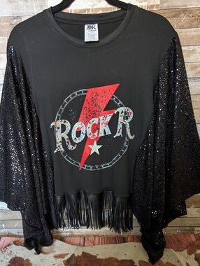 New Handcrafted Rock R Lightening Bolt Graphic With Metallic Bat Winged Sleeves